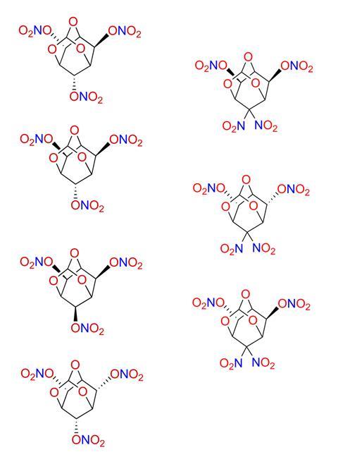 Structures of four diastereomers of 2,4,10-trioxaadamantane-6,8,9-triyl trinitrate and three diastereomers of 9,9-dinitro-2,4,10-trioxaadamantane-6,8-diyl dinitrate