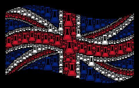 UK flag made up of scientific conical flasks, illustration