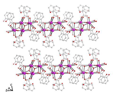 A model of the compound's crystal structure. It has layers of bismuth and oxygen atoms sandwiched between double layers of salicylate ions.