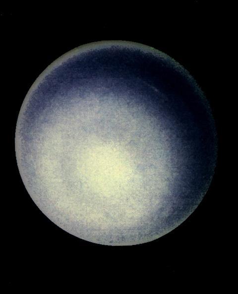 A computer enhancement of a NASA Voyager 2 image, emphasising the high-level haze in Uranus' upper atmosphere