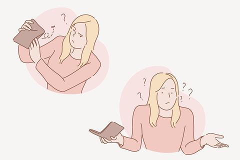 Woman checking wallet and finding no money