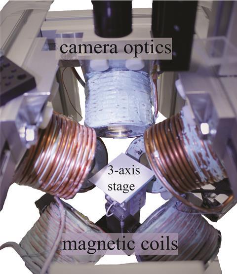 microgrippers between magnetic coils