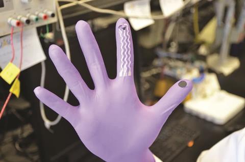 Glove-based sensor for nerve agents, showing the collection and sensing fingers
