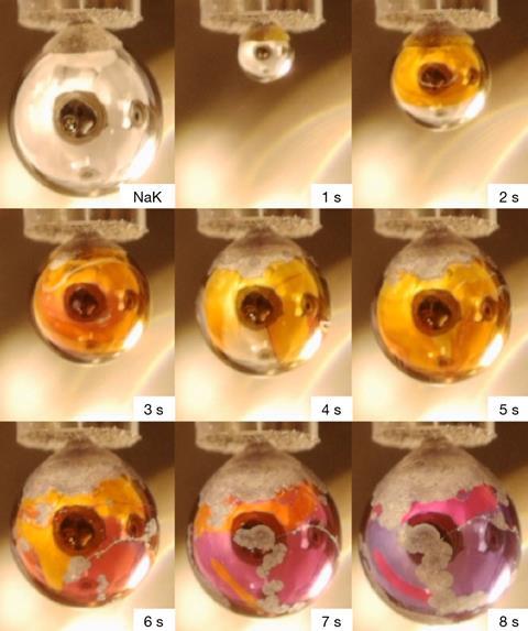 A series of closeup photos of a droplet that changes from silver to gold to purple