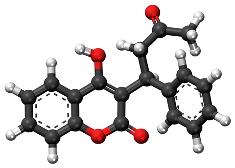 Ball-and-stick model of warfarin, a widely used anticoagulant drug.