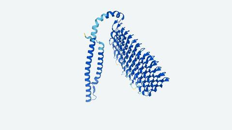 An image of a protein structure appearing as blue and teal coloured helices and swirly patterns