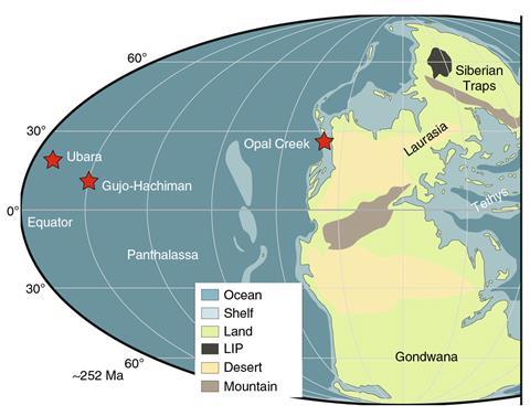 A map showing how Earth looked like 250 million years ago. The Eastern hemisphere is dominated by the supercontinent Gondwana while the Western hemisphere is one giant ocean