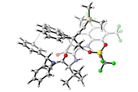 Computational image of the squaramide catalyst (bottom) holding the carbocation intermediate (top) in the chirality-inducing step. Non-covalent bonds such as charge interactions and aromatic stacking allow the nucleophile to only attach to one side of the