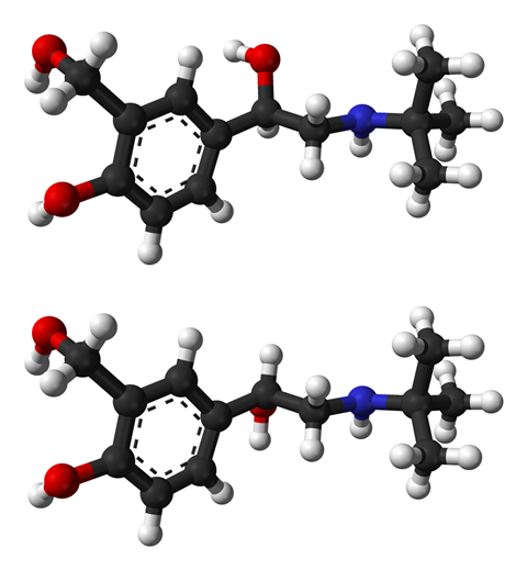 Ball-and-stick structure of (R)-(−)-salbutamol and (S)-(+)-salbutamol