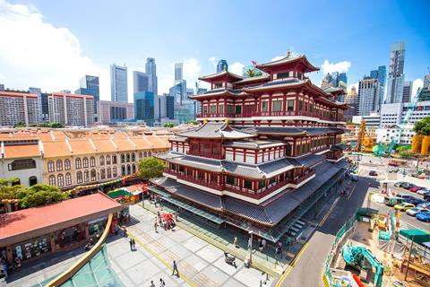 A photograph of the Buddha Tooth Relic Temple in Singapore