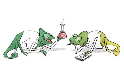 An image showing two chameleons talking about chemistry