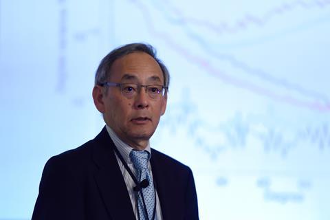 ST. PETERSBURG, RUSSIA - JUNE 22, 2015: Plenary thesis of Nobel Prize Laureate in physics Steven Chu during Saint Petersburg scientific forum 