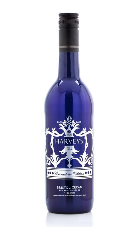 Harveys Bristle Cream sherry in a signature blue bottle