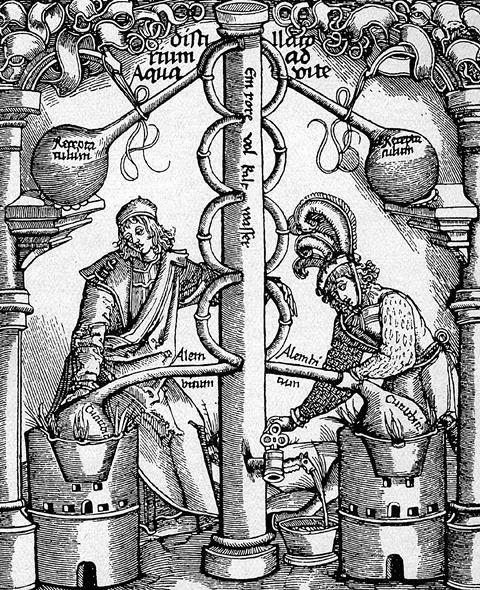 Alcohol distillation device, woodcut c1500 