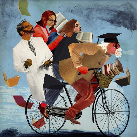  An image showing a university professor riding a bike carrying students and a researcher on the same vehicle