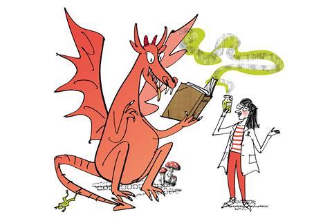 An illustration showing a woman and a dragon