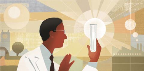 1117CW - News leader - Scientist looking at flask, illustration
