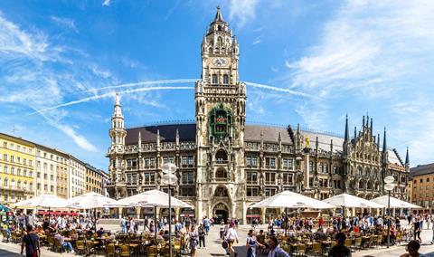 A photograph of New Town Hall at Marienplatz Square, Munich