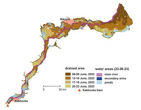 A map showing the extensive drained area around the Dnipro river