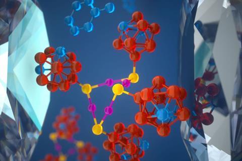 This illustration shows complexes of soft molecules (yellow and pink) attached to “molecular anvils” (red and blue) that are about to be squeezed between two diamonds in a diamond anvil cell. The molecular anvils distribute this pressure unevenly, breakin