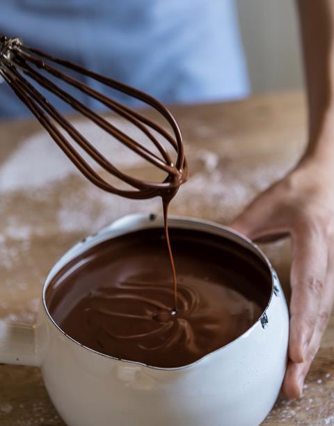 Melted dark chocolate in a pot