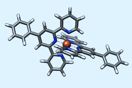 Image of an iron atom complexed by two terpyridine ligands