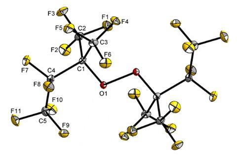 A picture showing the molecular structure in the solid state of [(C2F5)(F3C)2CO]2 