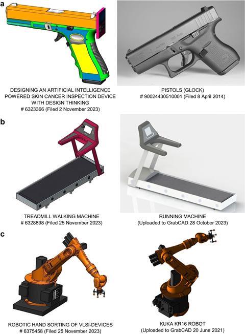 A design for a gun, a treadmill and a robotic hand that have been copied