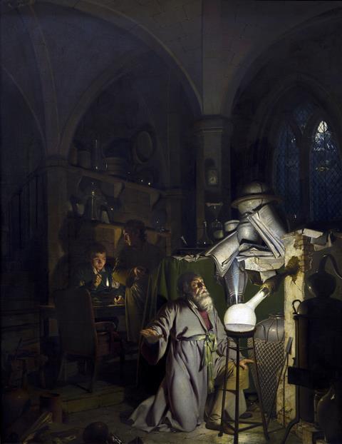 The alchymist, in search of the philosopher’s stone, discovers phosphorus, and prays for the successful conclusion of his operation, as was the custom of the ancient chymical astrologers, by Joseph Wright of Derby