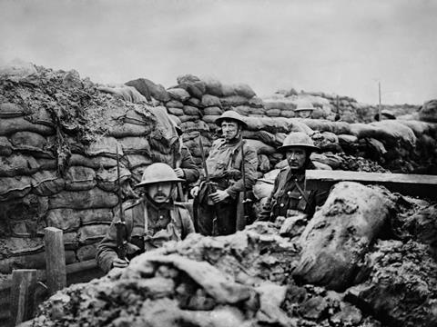 British World War 1 soldiers in a front line trench, 1915-18