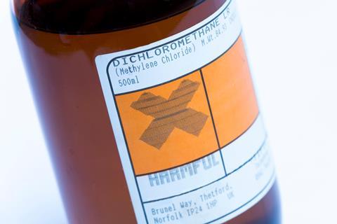 Label on a bottle of dichloromethane