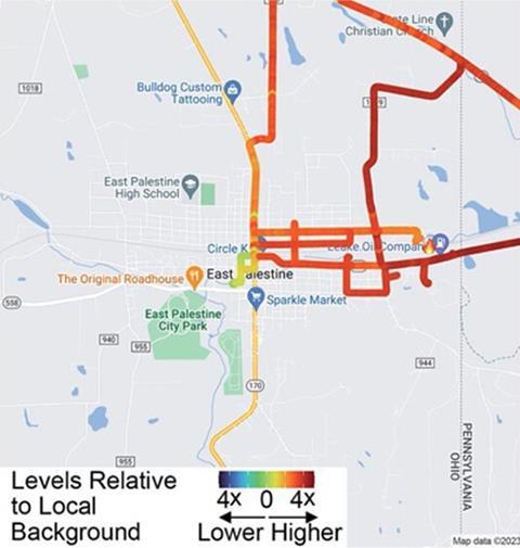 A heatmap of a small town showing high pollution levels along all its roads