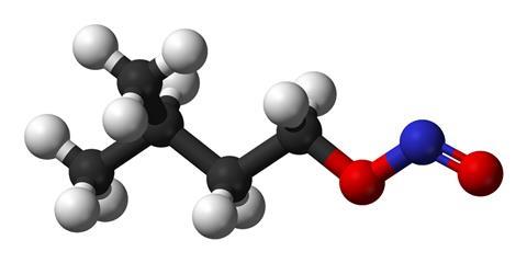 An image of the ball-and-stick structure of isopentyl nitrite