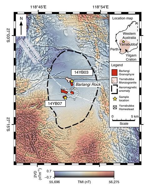 An image showing a map of the Yarrabubba impact structure and sample localities