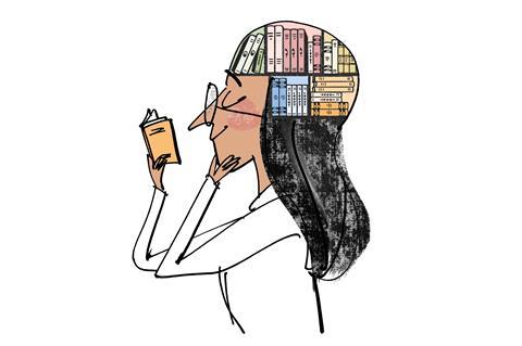 An image showing a woman reading a book; there is a crosssection of her head showing stacks of books