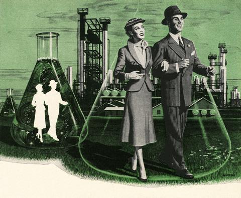 A vintage illustration showing a couple stepping out of chemistry beakers