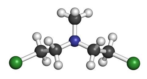 Chlormethine (mechlorethamine, mustine, HN2) cancer chemotherapy drug molecule. Nitrogen mustard compound also used a blister agent (chemical weapon). Atoms are represented as spheres.