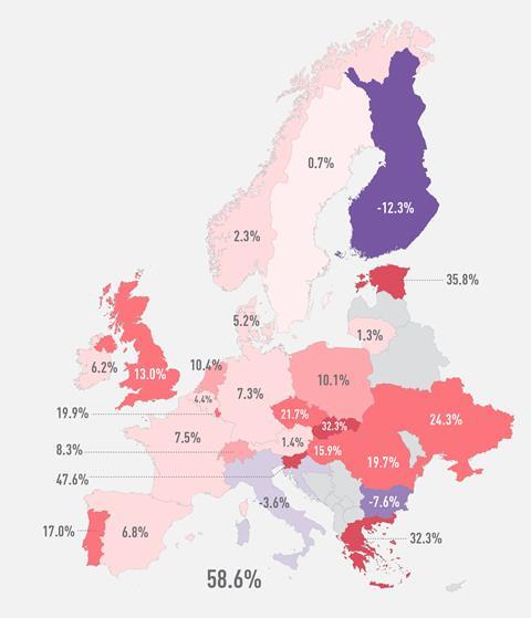 A map showing the median gender pay gap in Europe