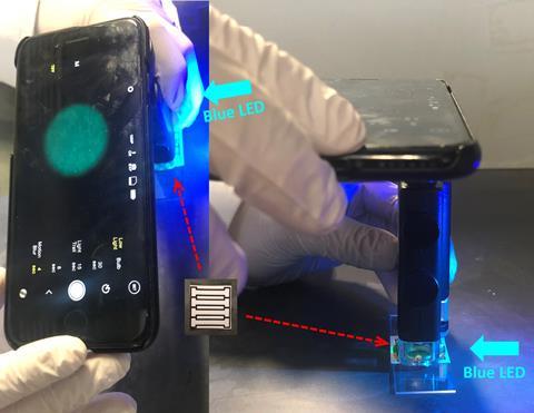 An image showing a smartphone device detecting a norovirus