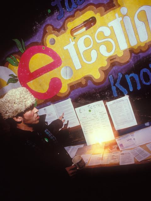 Information point on Ecstacy pills and other drugs, rave, London, UK, 1990s.