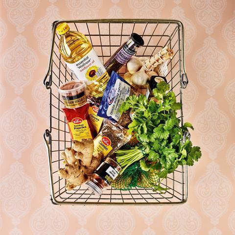 An image showing a basket full of curry ingredients