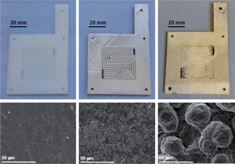 Photographs and scanning electron microscope images of an uncoated flow plate and with various layers of silver