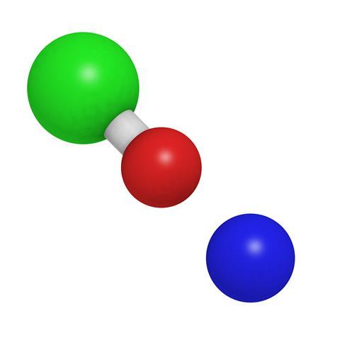 Sodium hypochlorite (NaOCl), chemical structure. NaOCl is used in household bleach, in water treatment and for disinfection