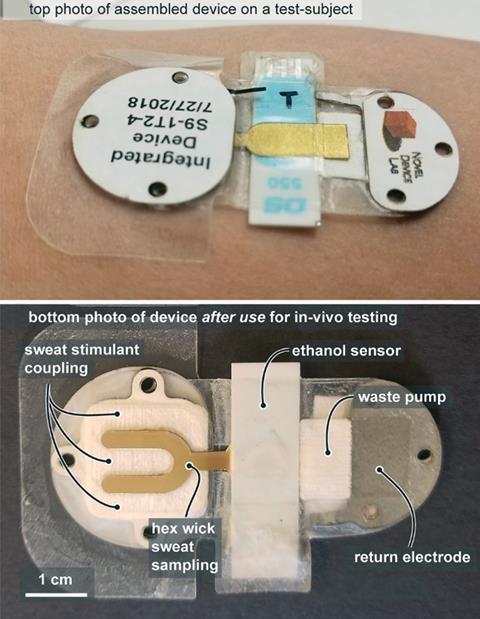 Photographs of the sweat biosensing device, which stimulates sweat on demand using a technique called iontophoresis and transfers it to an ethanol sensor