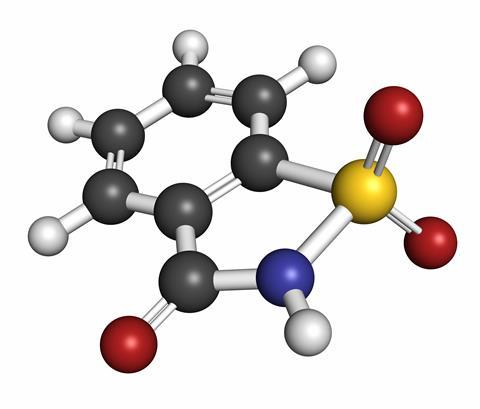Saccharin artificial sweetener molecule (sugar substitute)