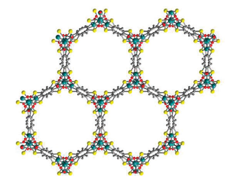 An image showing the crystal structure of Mn2(dsbdc) showing the one-dimensional hexagonal pores along the crystallographic c-axis.
