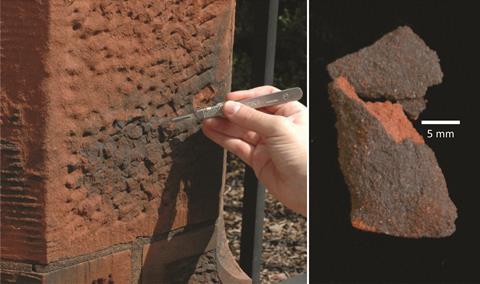 Close-up view of rock varnish at Smithsonian Castle