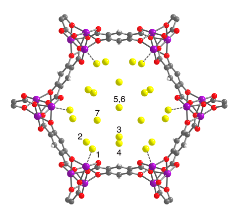 An image showing a single pore of Co2(m-dobdc) showing the seven distinct D2 binding sites as determined from neutron diffraction data