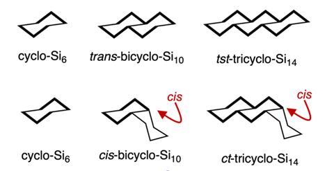 Representations showing different stereochemical arrangements of the bi- and tricyclic cyclohexasilane systems