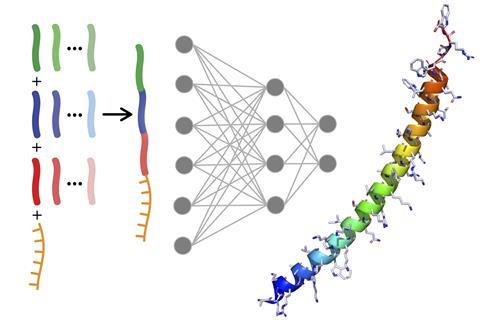 An image showing a scheme on the right in which multiple squiggly lines are combined to make a longer squiggly line. A scheme in the centre of the image shows possible combinations of amino acids in the form of dots connected with lines.